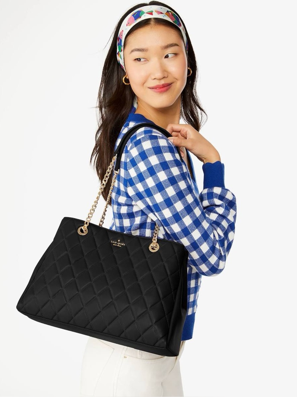 Kate spade Black Quilted Tote with Gold Chain Handles